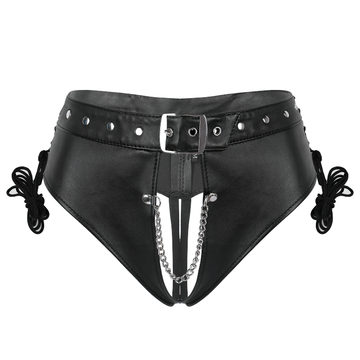 Women's PU Leather Sexy Briefs with Chain / Stylish Lace-Up Lingerie with Open Crotch - EVE's SECRETS